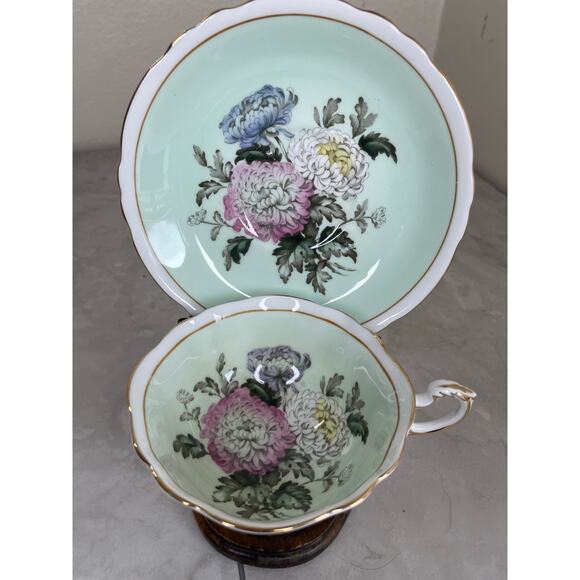 Paragon Double Warrant Teacup & Saucer Chrysanthemum Mums Mint Green A1591 - Picture 1 of 13